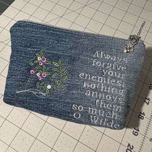 Embroidered Denim Pouch with Floral Design One of a Kind